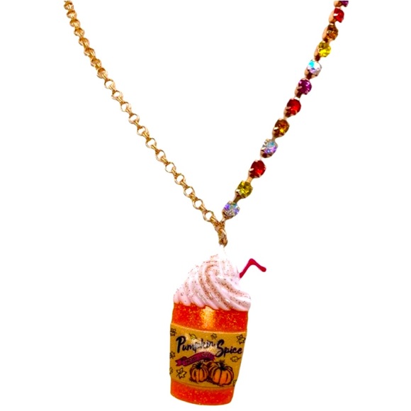 New Betsey Johnson Pumpkin Spice Pendant Fall Latte Crystal Necklace - Picture 6 of 13